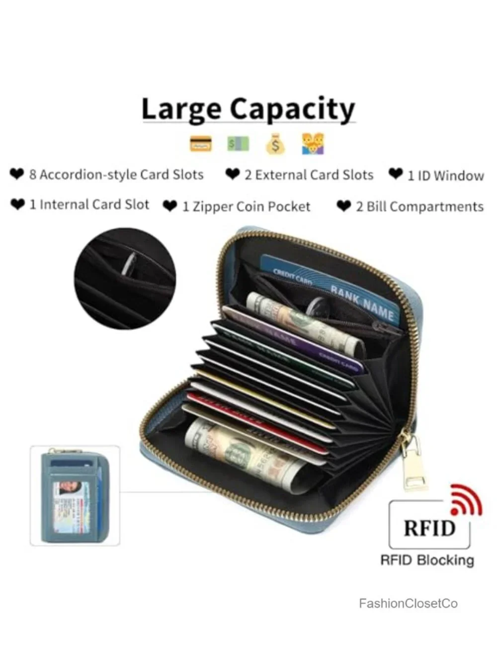Zip-Around RFID Blocking Vegan Leather Card Holder Wristlet Wallet